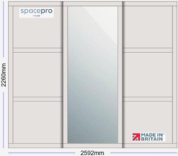 Spacepro Shaker 3 Door Kit - Dove Grey Frame | 2x Dove Grey 3 Panel | 1x Mirror 1 Panel H2260mm x W2592mm