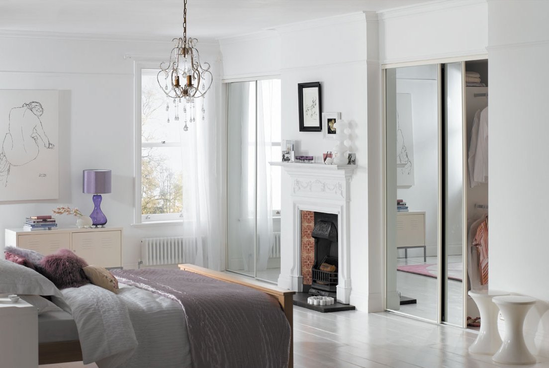 2 Door white frame mirror sliding wardrobe door kit to suit opening H2260mm x W1195mm